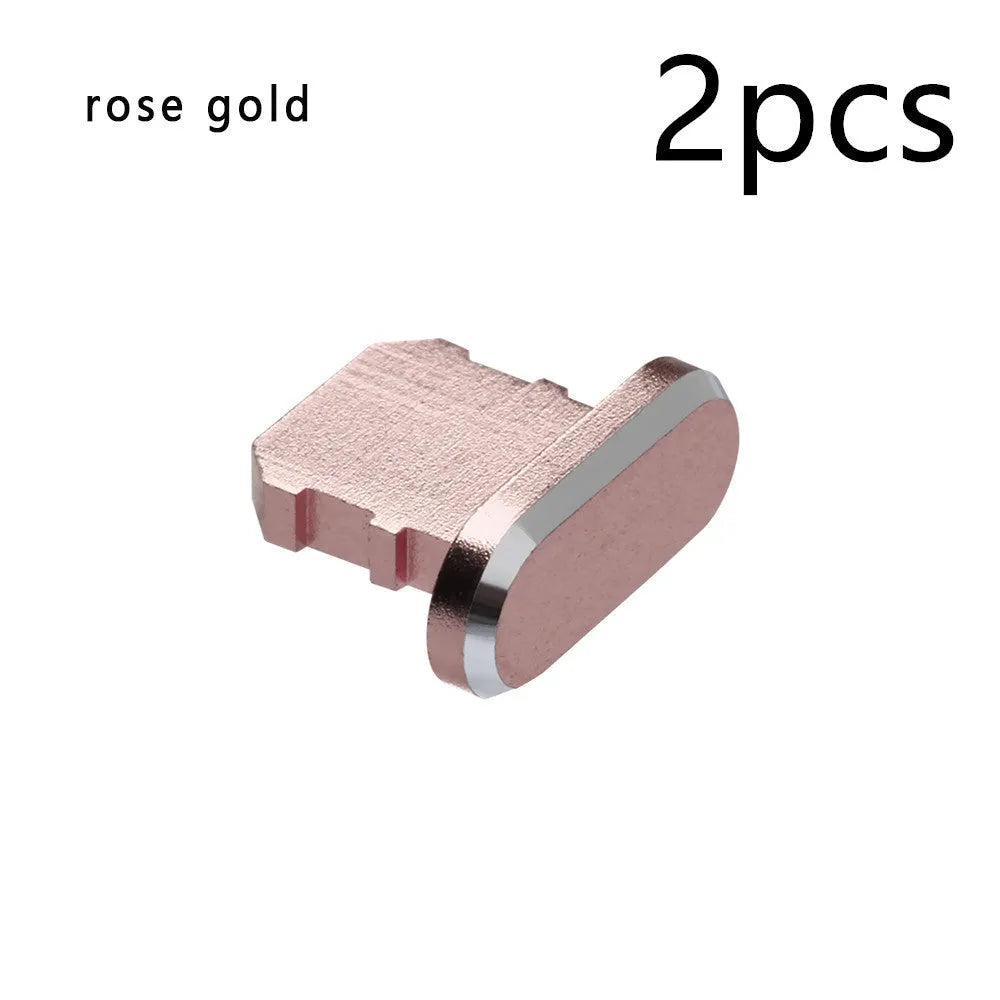 Aluminium alloy charging port dust plug for iPhone in various colours including gold, black, and rose gold.
