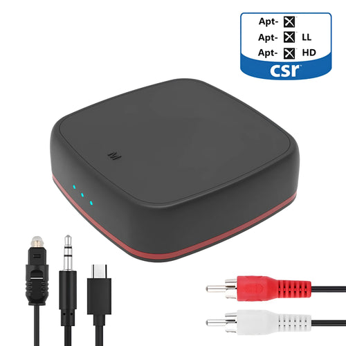 Black CSR8675 Bluetooth 5.0 audio adapter with optical and AUX ports for wireless music streaming.