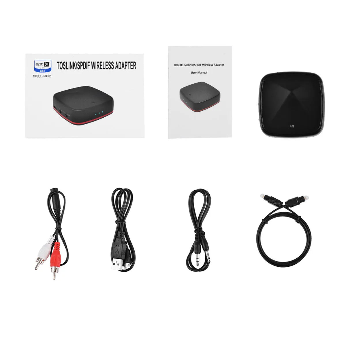 Black CSR8675 Bluetooth 5.0 audio adapter with optical and AUX ports for wireless music streaming.