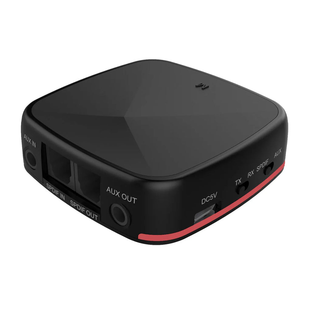 Black CSR8675 Bluetooth 5.0 audio adapter with optical and AUX ports for wireless music streaming.