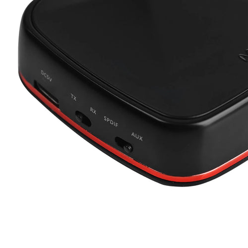 Black CSR8675 Bluetooth 5.0 audio adapter with optical and AUX ports for wireless music streaming.