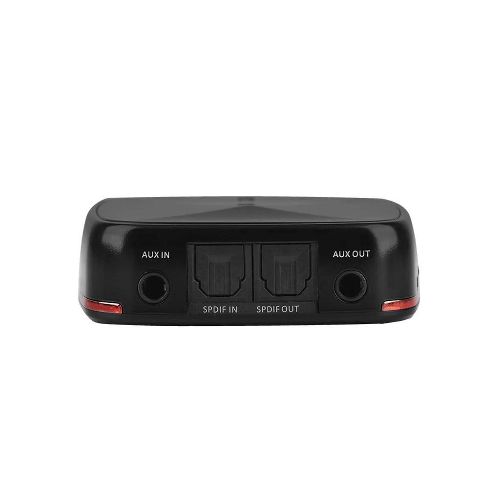 Black CSR8675 Bluetooth 5.0 audio adapter with optical and AUX ports for wireless music streaming.