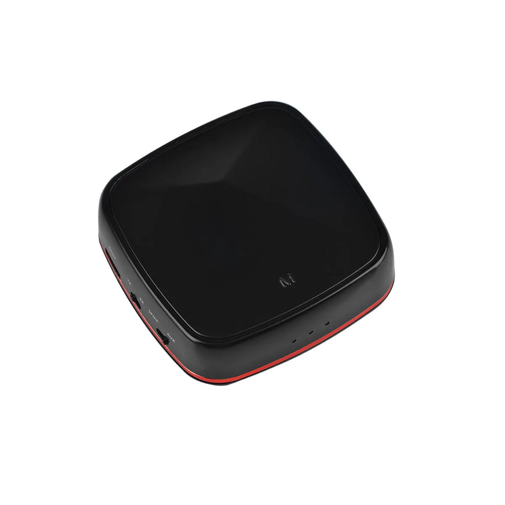 Black CSR8675 Bluetooth 5.0 audio adapter with optical and AUX ports for wireless music streaming.