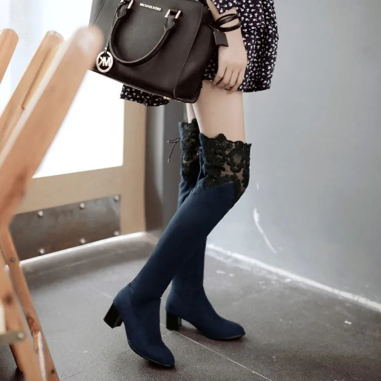 Women's over the knee stretch boots with inside hollow lace, pointed toe, thick heel, in black