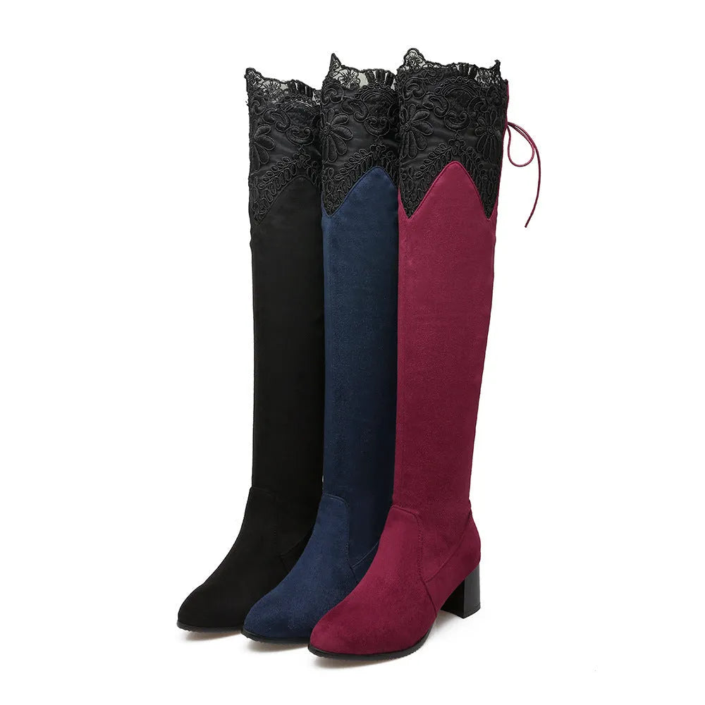 Women's over the knee stretch boots with inside hollow lace, pointed toe, thick heel, in black