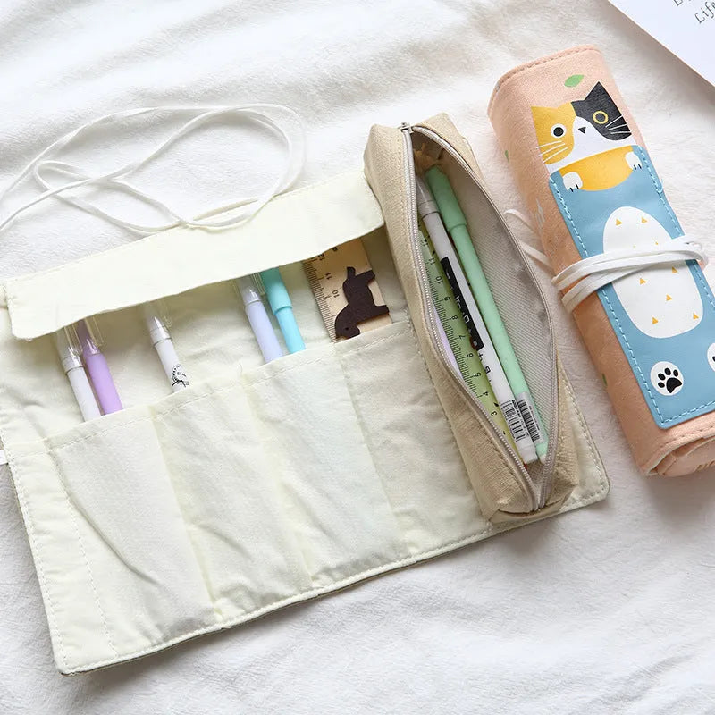 Korean cartoon design rolling pencil case in blue, green, pink, and yellow cat colours.
