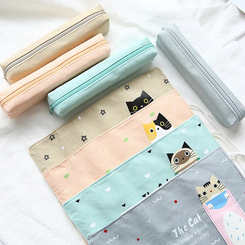 Korean cartoon design rolling pencil case in blue, green, pink, and yellow cat colours.