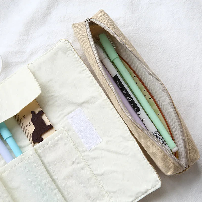 Korean cartoon design rolling pencil case in blue, green, pink, and yellow cat colours.