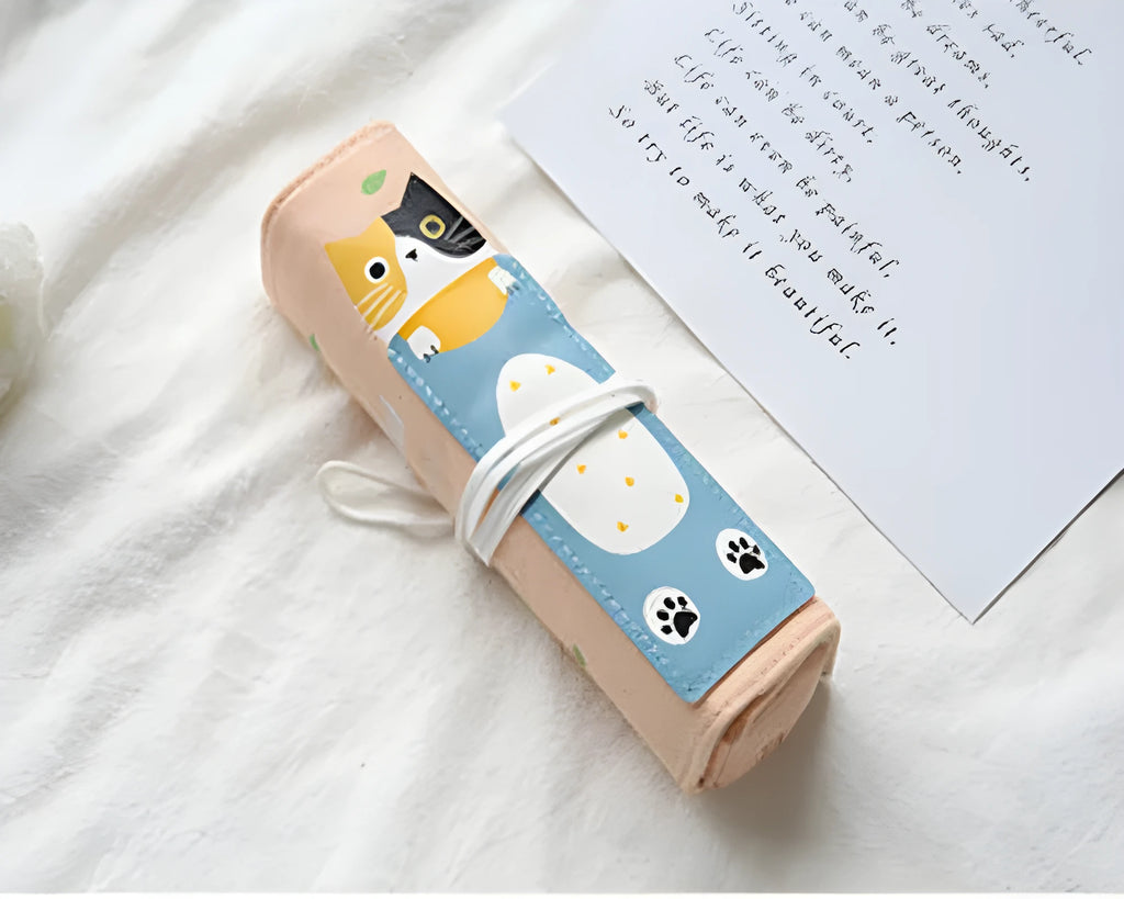 Korean cartoon design rolling pencil case in blue, green, pink, and yellow cat colours.