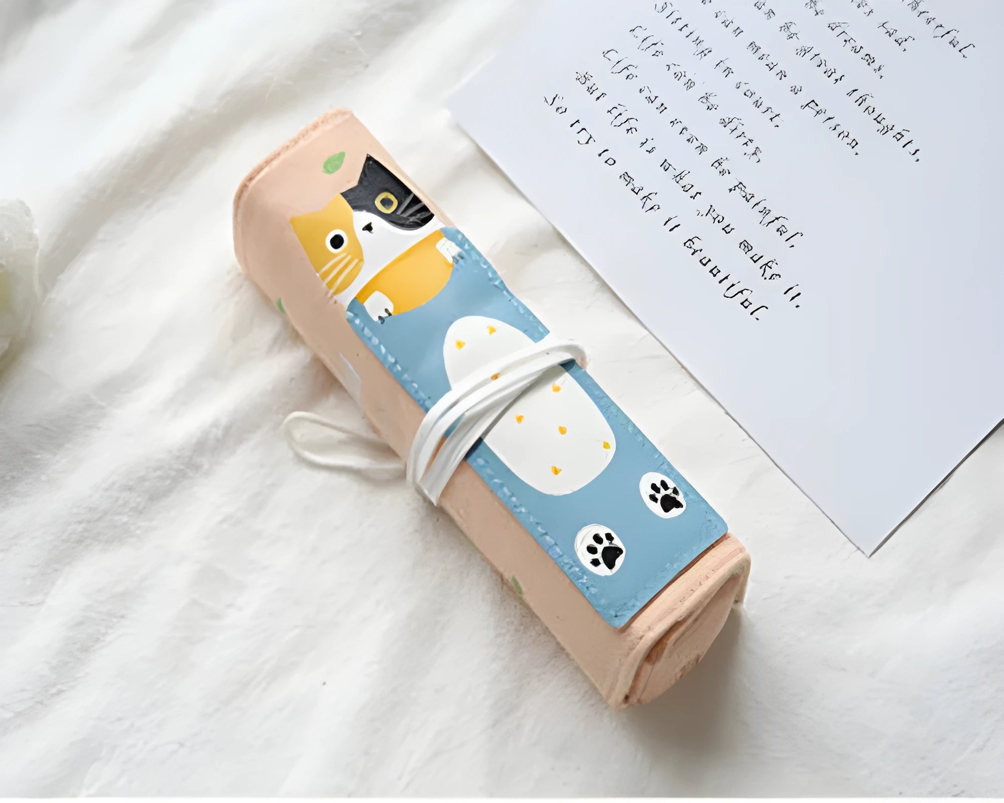 Korean cartoon design rolling pencil case in blue, green, pink, and yellow cat colours.
