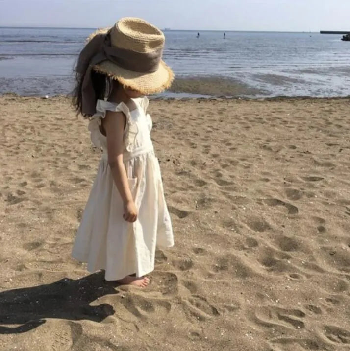Children's white hemp princess dress with lotus leaf skirt for ages 1-3 years