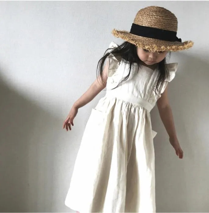Children's white hemp princess dress with lotus leaf skirt for ages 1-3 years