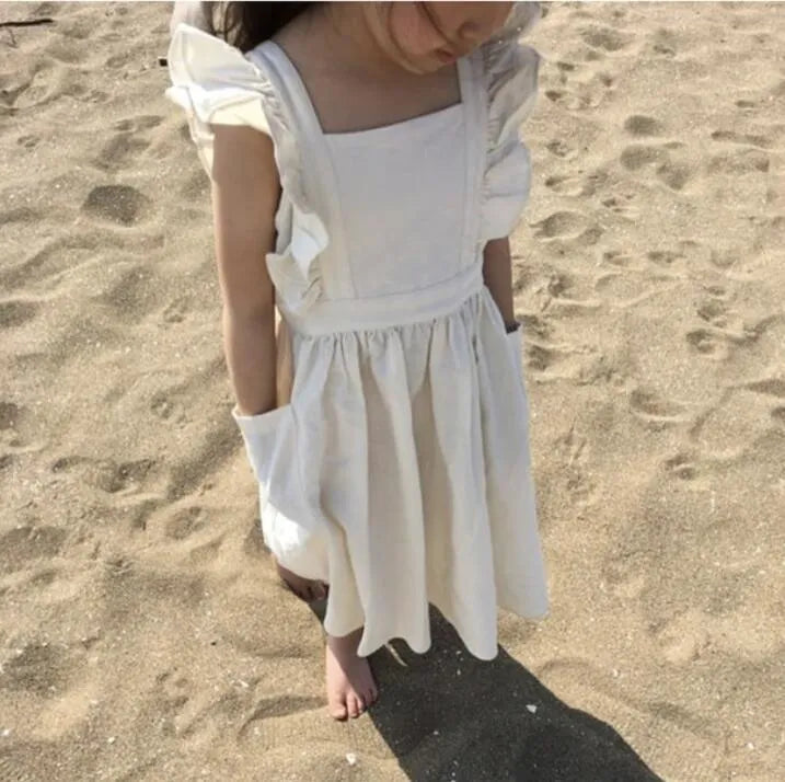 Children's white hemp princess dress with lotus leaf skirt for ages 1-3 years