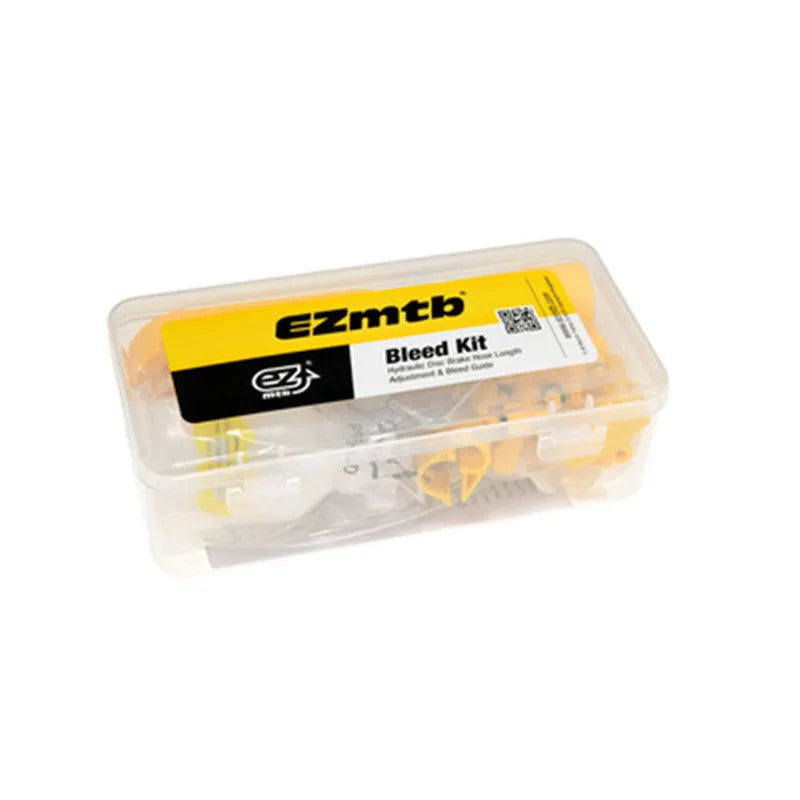 Bicycle disc brake oil change and filling repair tool kit with metal connector in yellow, including hose and fittings