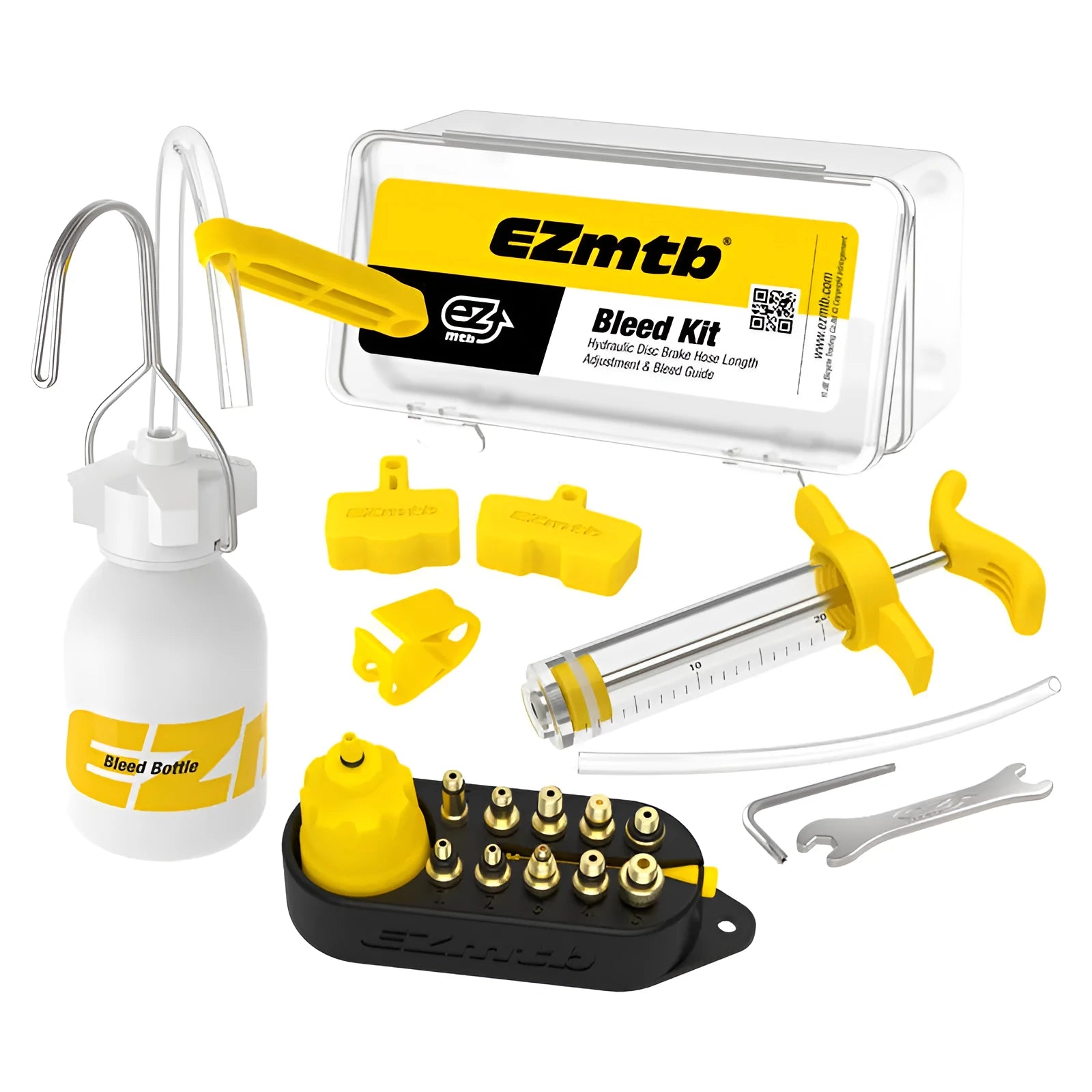 Bicycle disc brake oil change and filling repair tool kit with metal connector in yellow, including hose and fittings