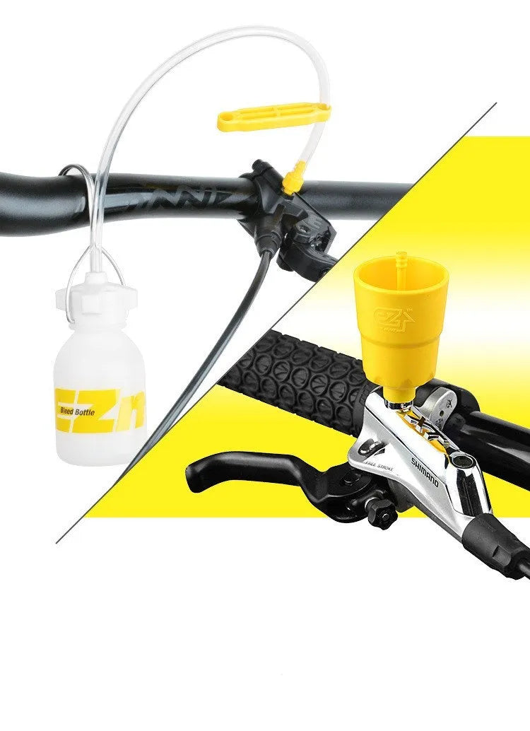 Bicycle disc brake oil change and filling repair tool kit with metal connector in yellow, including hose and fittings