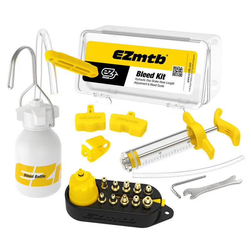 Bicycle disc brake oil change and filling repair tool kit with metal connector in yellow, including hose and fittings