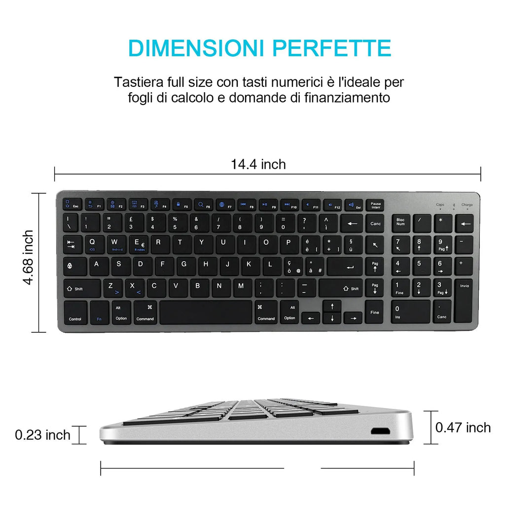 Slim white universal Bluetooth keyboard for tablets and mobile phones on a grey background