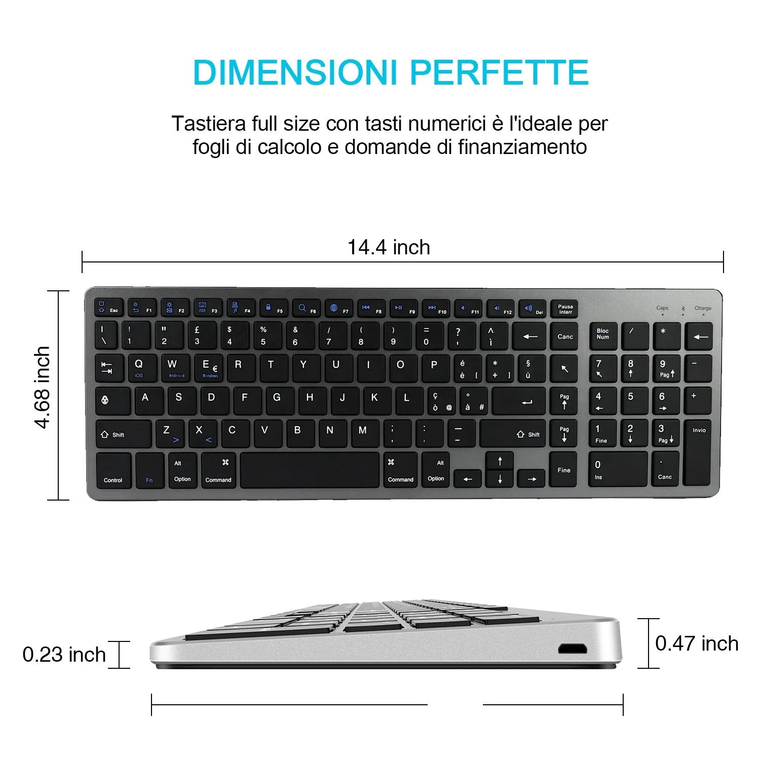Slim white universal Bluetooth keyboard for tablets and mobile phones on a grey background