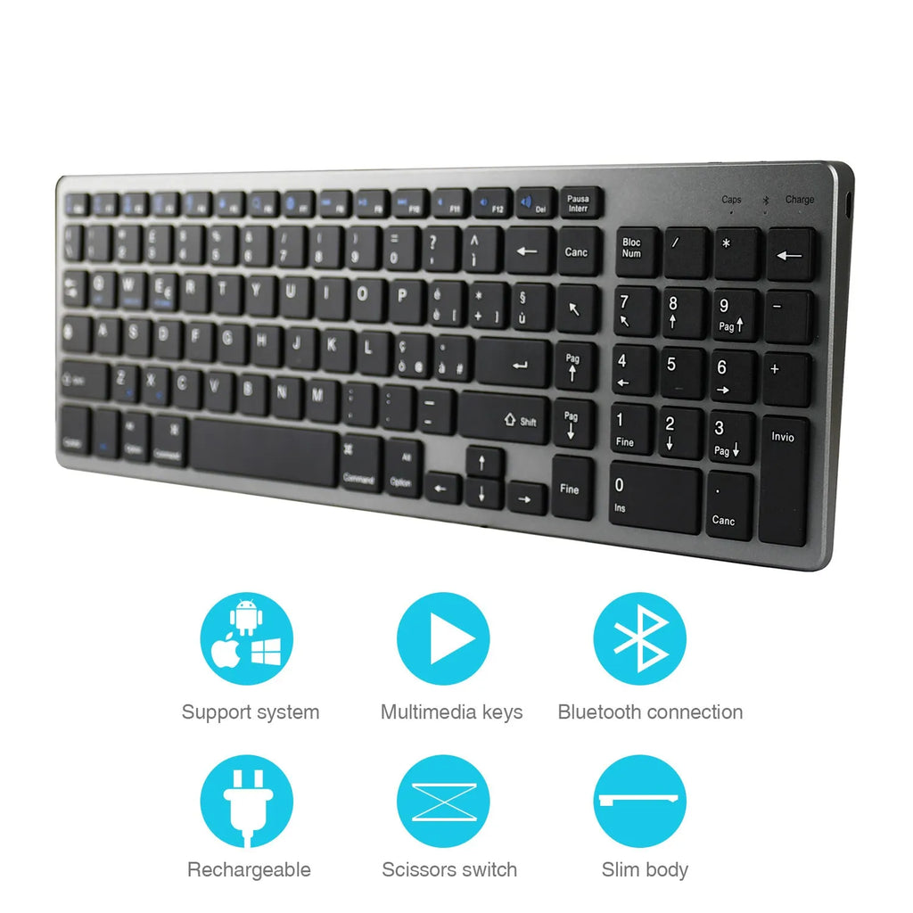 Slim white universal Bluetooth keyboard for tablets and mobile phones on a grey background