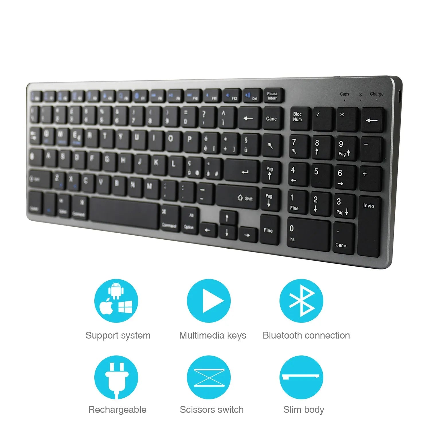 Slim white universal Bluetooth keyboard for tablets and mobile phones on a grey background