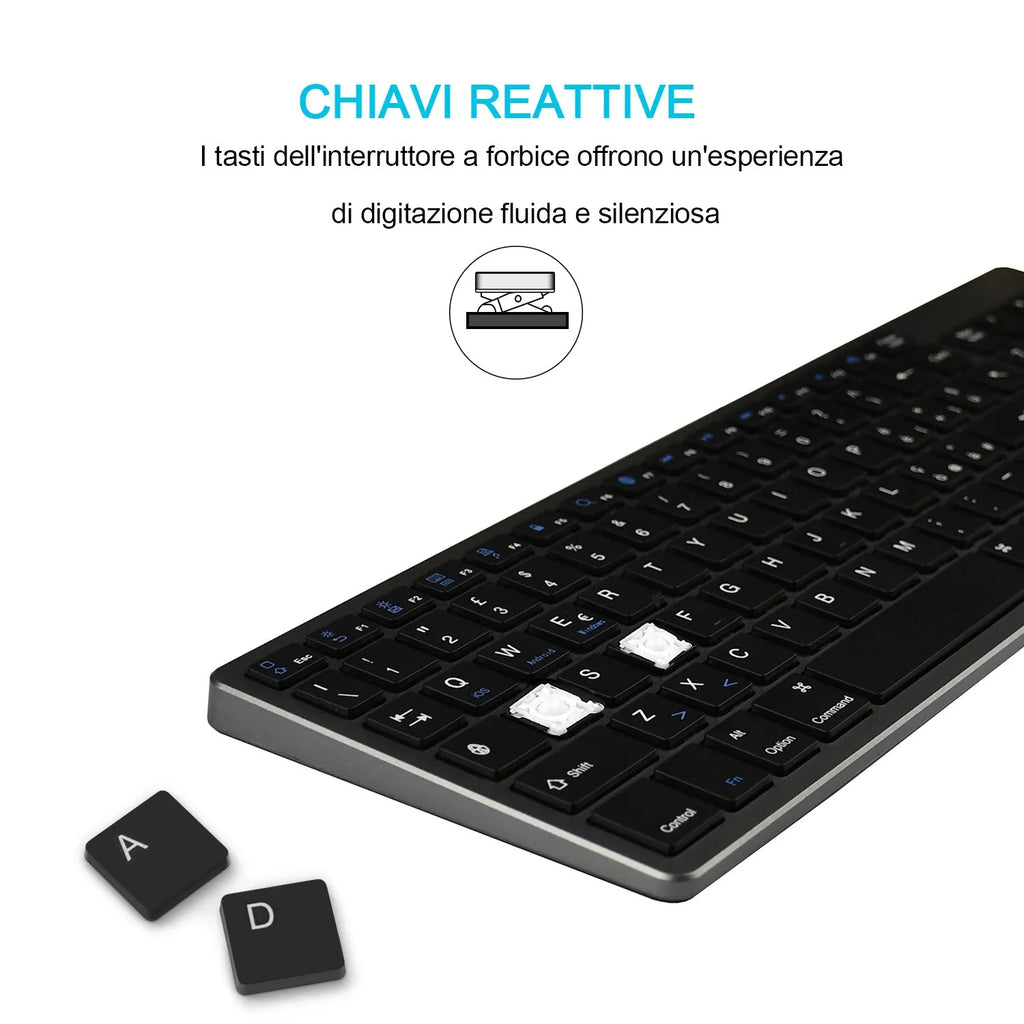 Slim white universal Bluetooth keyboard for tablets and mobile phones on a grey background