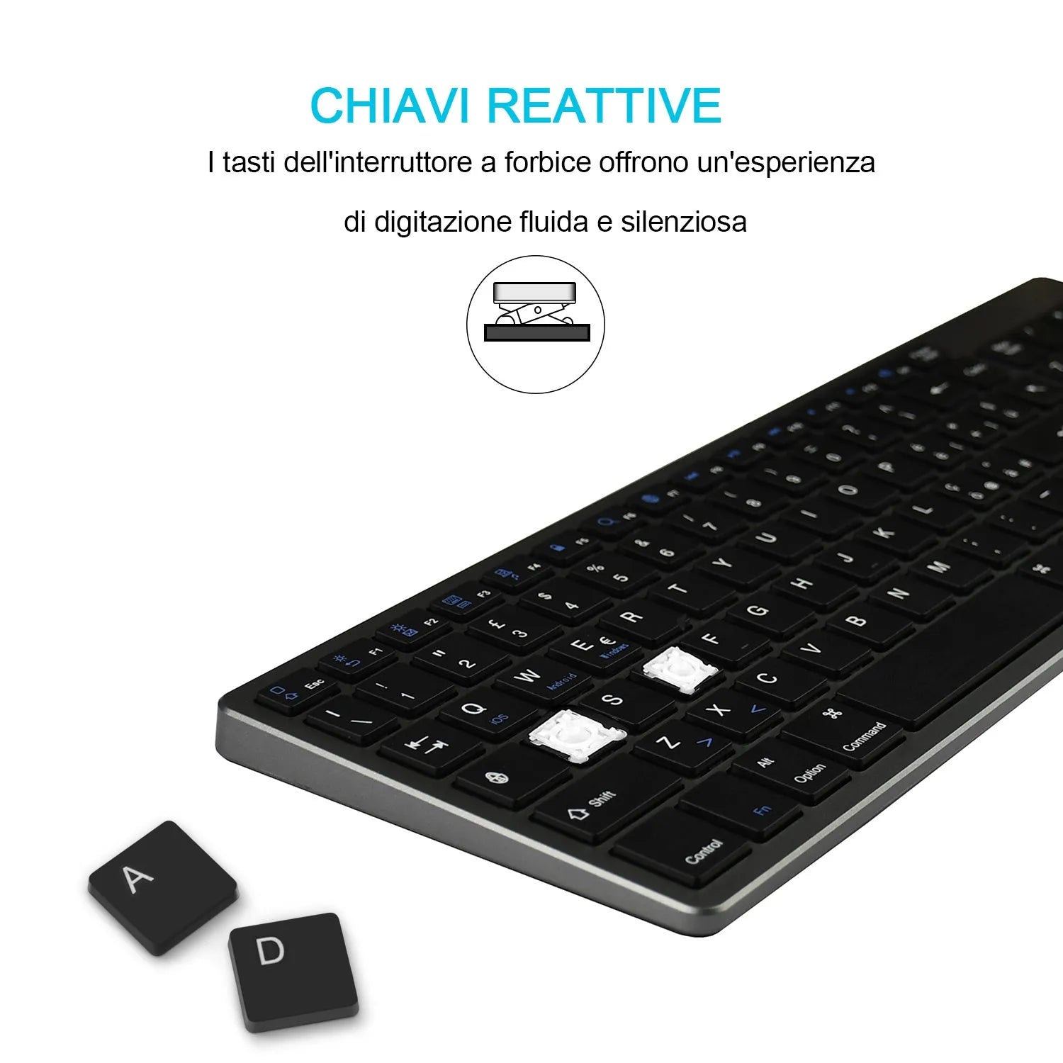 Slim white universal Bluetooth keyboard for tablets and mobile phones on a grey background