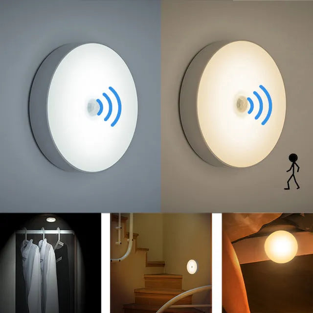 Small white round USB rechargeable motion sensor LED night light with adhesive backing.