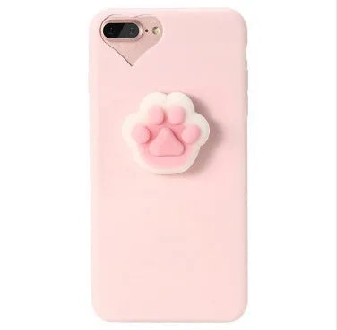 Soft pink silicone iPhone case with a 3D cartoon cat design on the back.