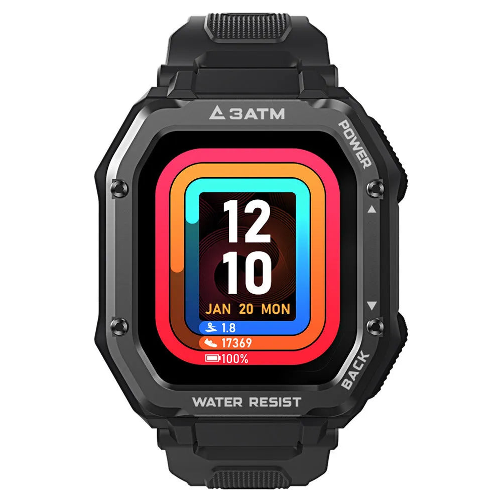 Army green rugged smart watch with 1.69 inch screen showing sports metrics display