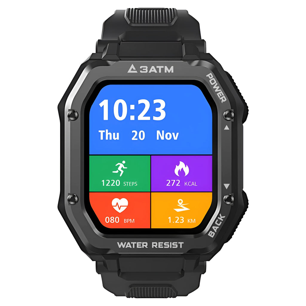 Army green rugged smart watch with 1.69 inch screen showing sports metrics display