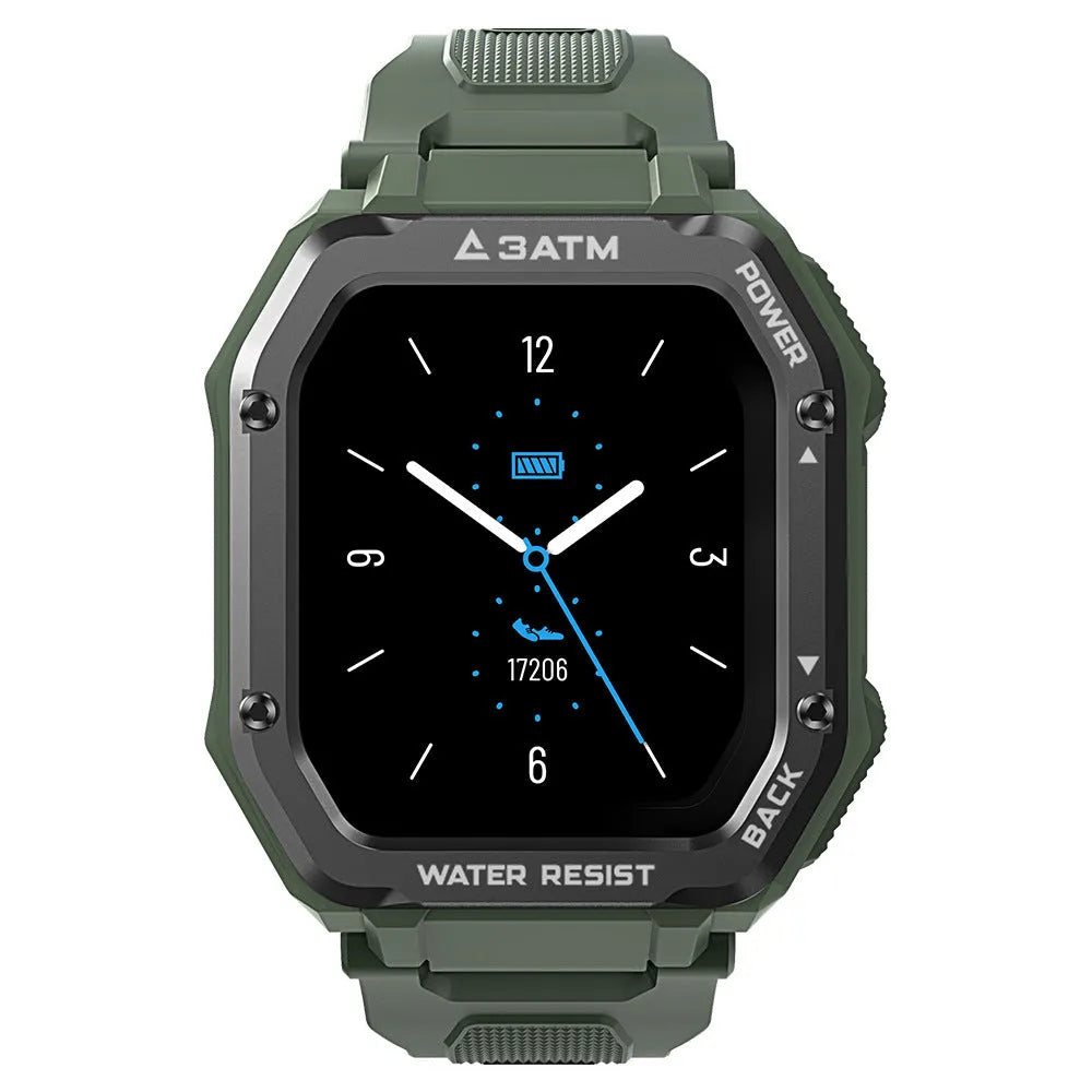 Army green rugged smart watch with 1.69 inch screen showing sports metrics display