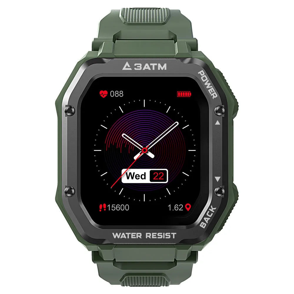 Army green rugged smart watch with 1.69 inch screen showing sports metrics display