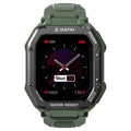 Army green rugged smart watch with 1.69 inch screen showing sports metrics display