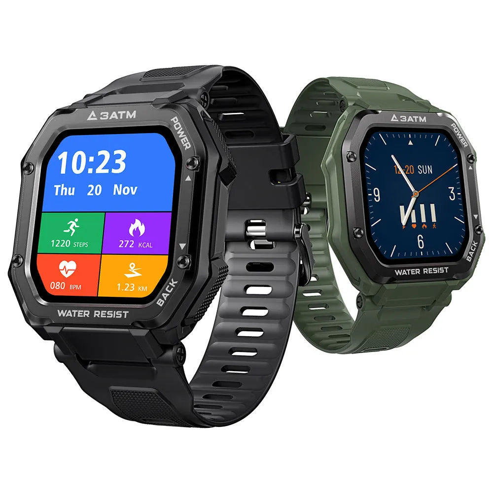 Army green rugged smart watch with 1.69 inch screen showing sports metrics display