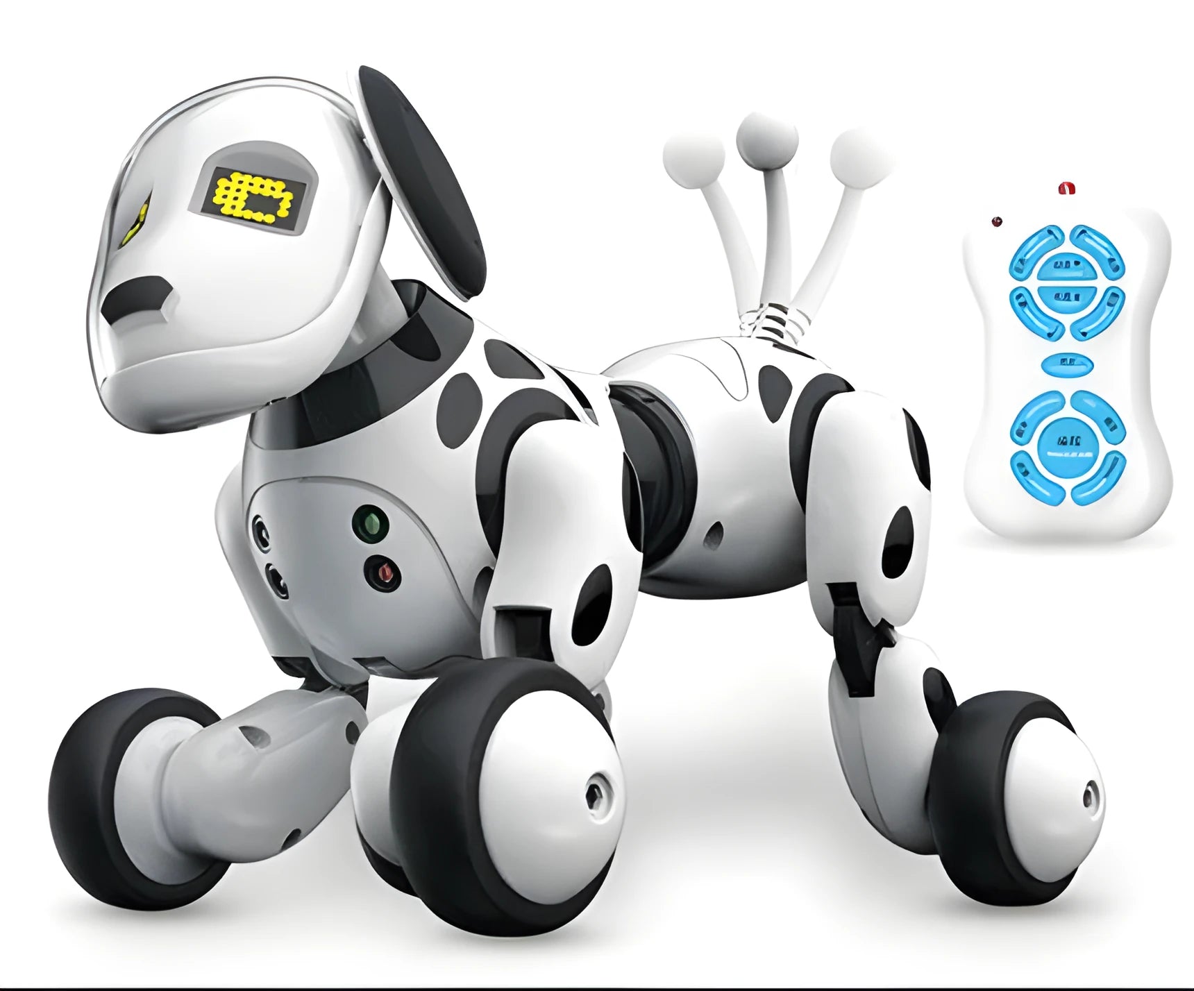 Blue and white remote control smart robot dog toy with LED eyes on a floor.