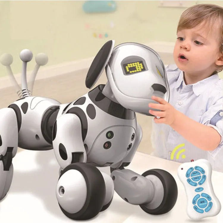 Blue and white remote control smart robot dog toy with LED eyes on a floor.