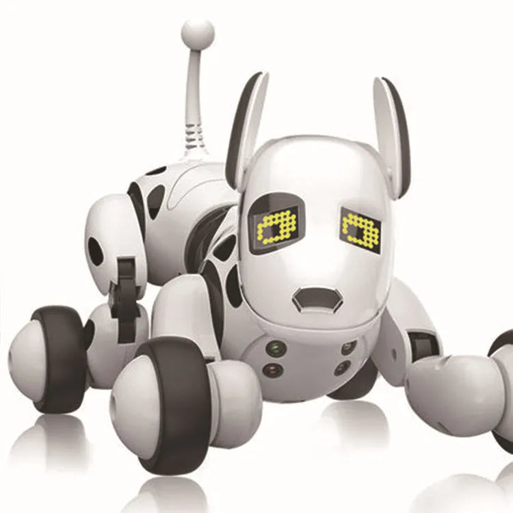 Blue and white remote control smart robot dog toy with LED eyes on a floor.