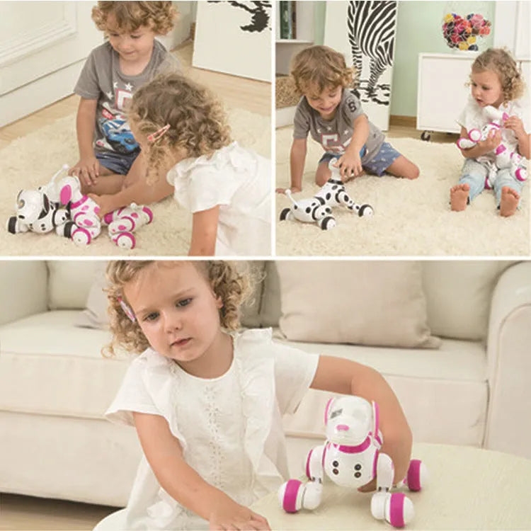 Blue and white remote control smart robot dog toy with LED eyes on a floor.