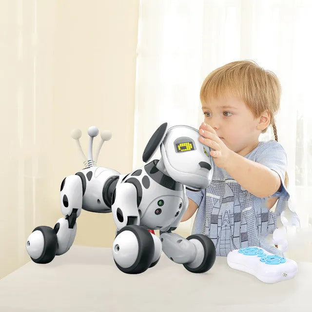Blue and white remote control smart robot dog toy with LED eyes on a floor.