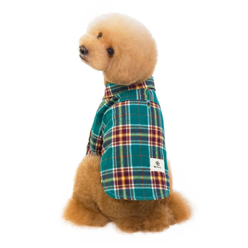 Pet leisure plaid shirt in blue cotton fabric for dogs, sizes S to 2XL