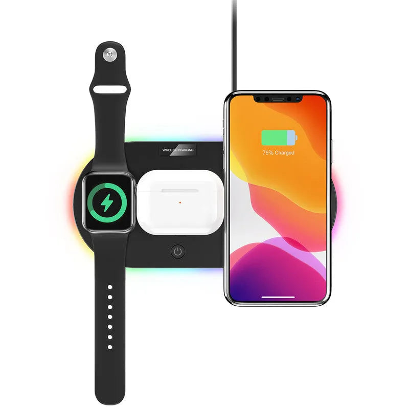 Black and white 15W fast desktop wireless charger with LED indicator on a desk
