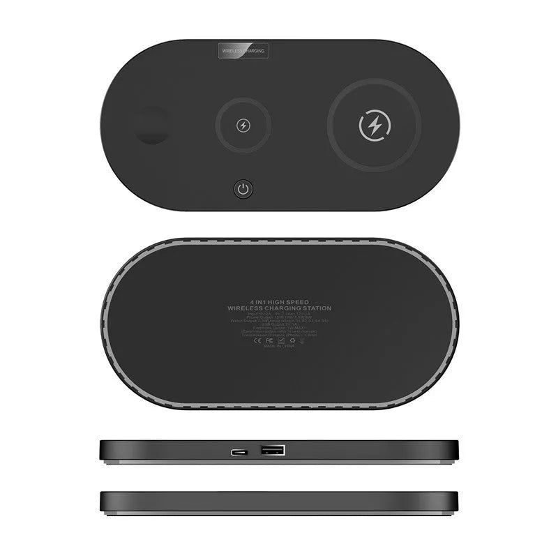 Black and white 15W fast desktop wireless charger with LED indicator on a desk