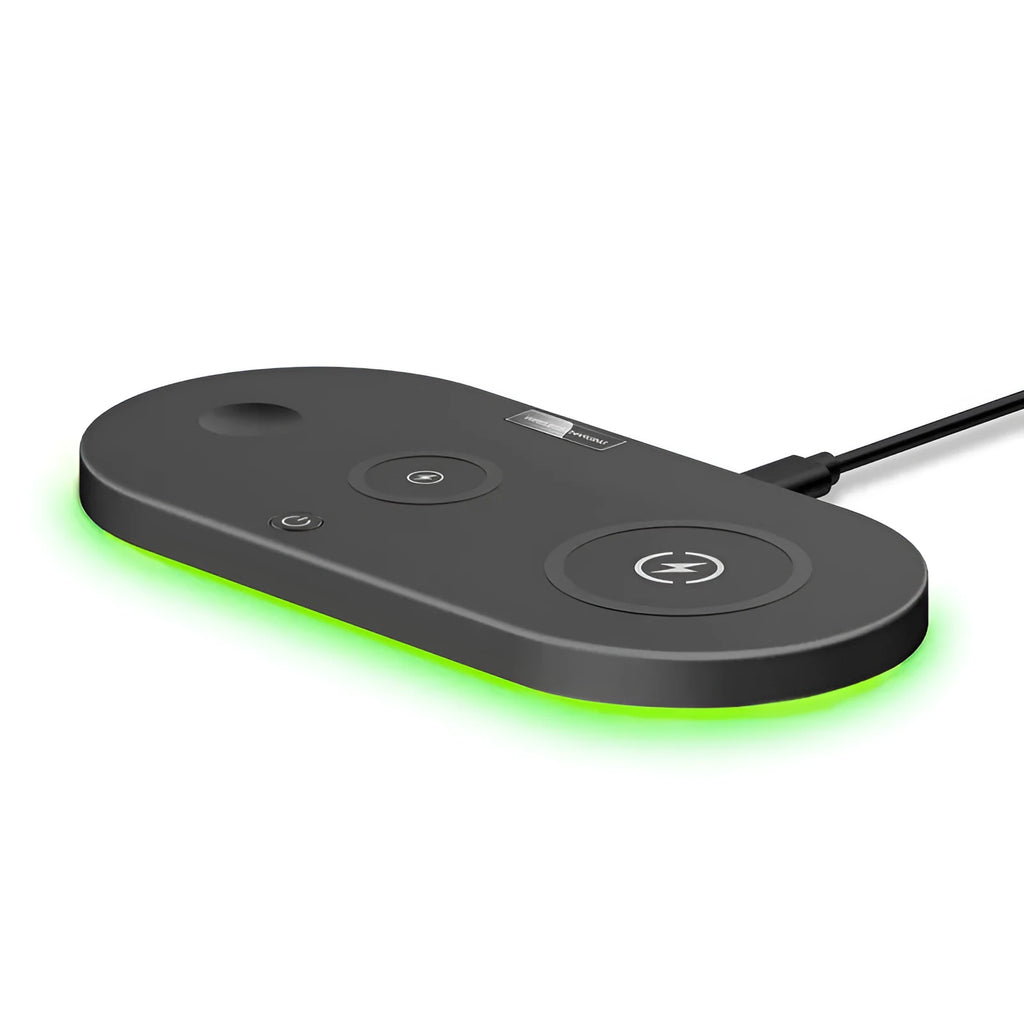 Black and white 15W fast desktop wireless charger with LED indicator on a desk