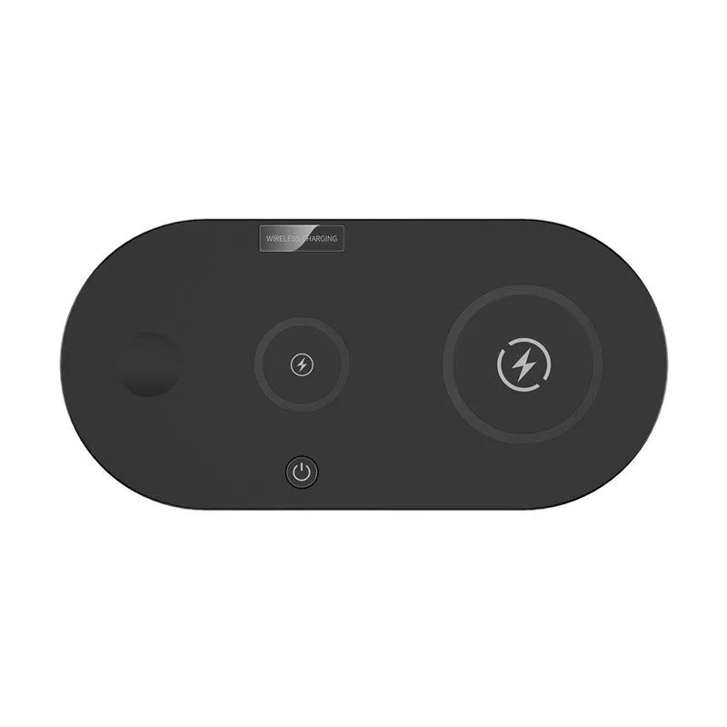 Black and white 15W fast desktop wireless charger with LED indicator on a desk