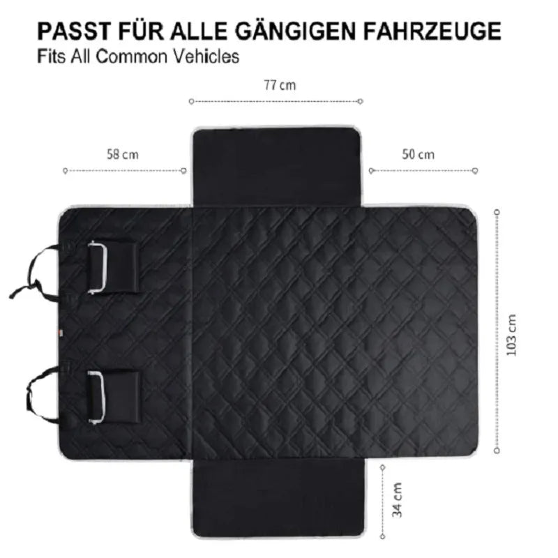 Black Oxford cloth car pet mat on a car seat, designed to protect upholstery from dog mess