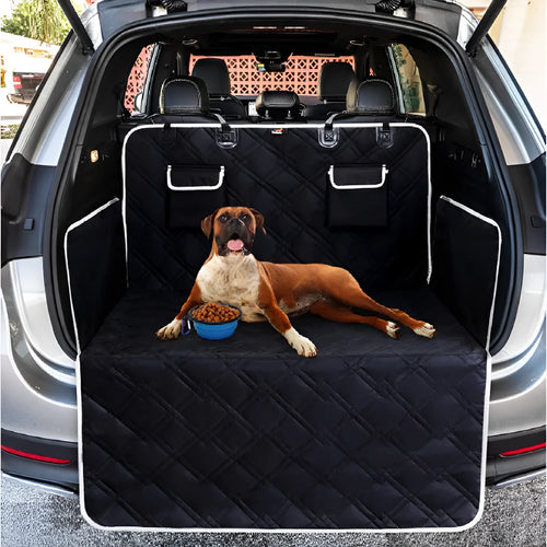 Black Oxford cloth car pet mat on a car seat, designed to protect upholstery from dog mess