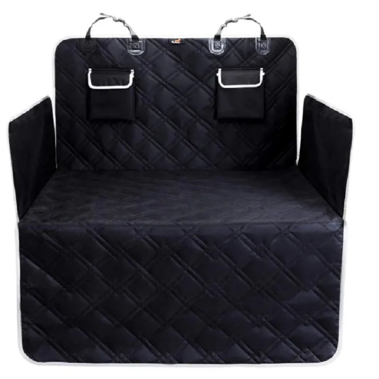 Black Oxford cloth car pet mat on a car seat, designed to protect upholstery from dog mess