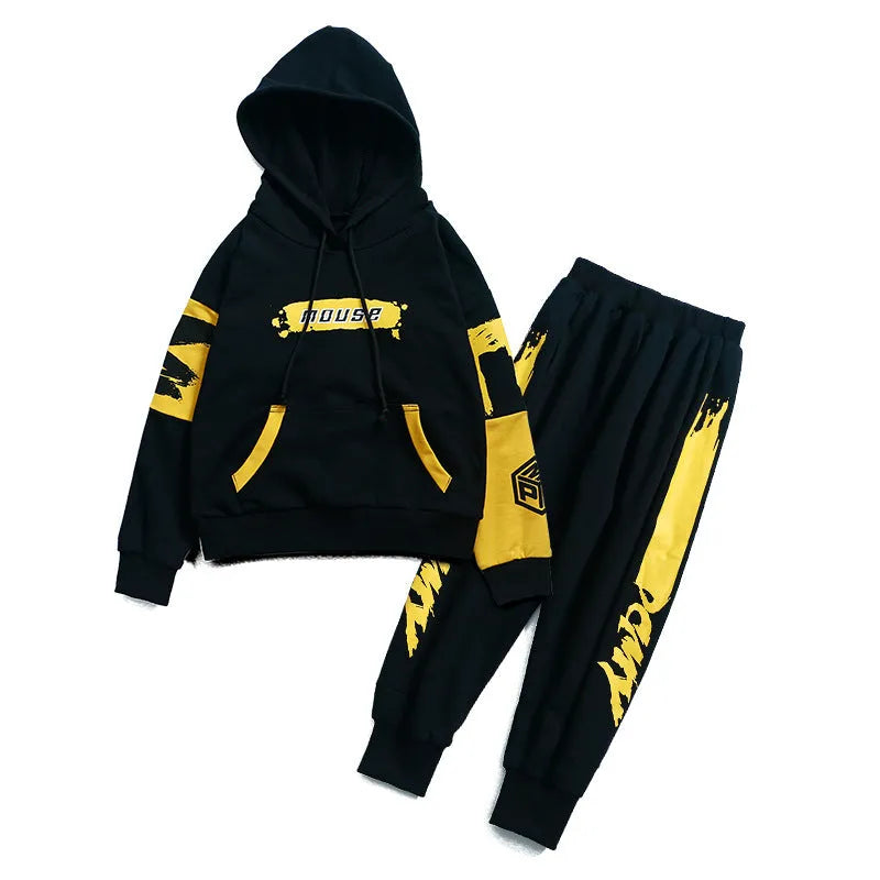 Boy's black and yellow cotton hooded sports suit set with Korean style letter patterns