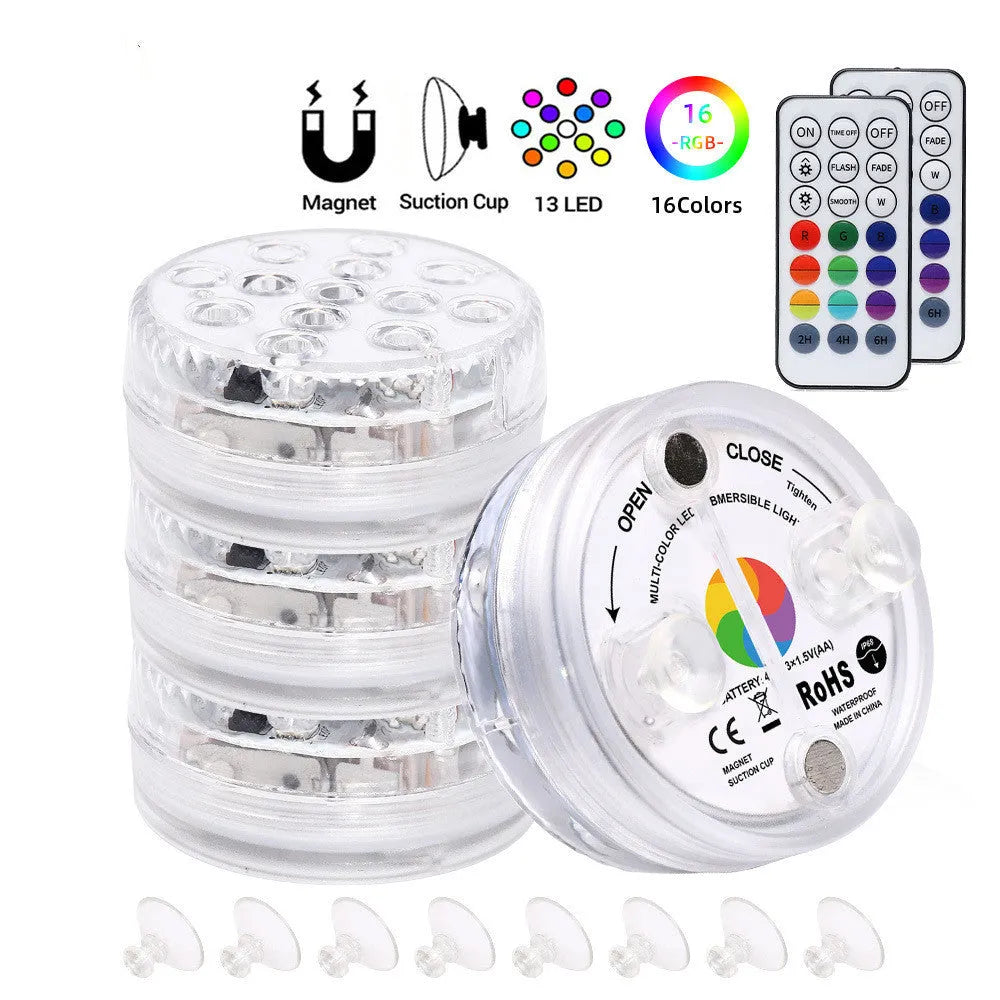 13 LED IP68 submersible underwater light with suction cup and RF remote, showing 16 colours in a swimming pool